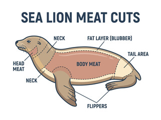 Diagram Illustrating the Different Cuts of Sea Lion Meat, Including Head, Neck, Body, Flippers, and Tail Area © Chico Store
