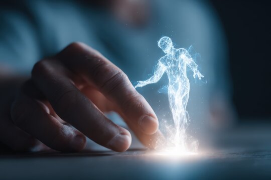 Man's hand reaches out to glowing AI figure in a moment of innovation and ethical creation