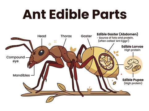 Anatomical illustration detailing the edible parts of an ant, including head, thorax, gaster, larvae, and pupae, highlighting their nutritional components