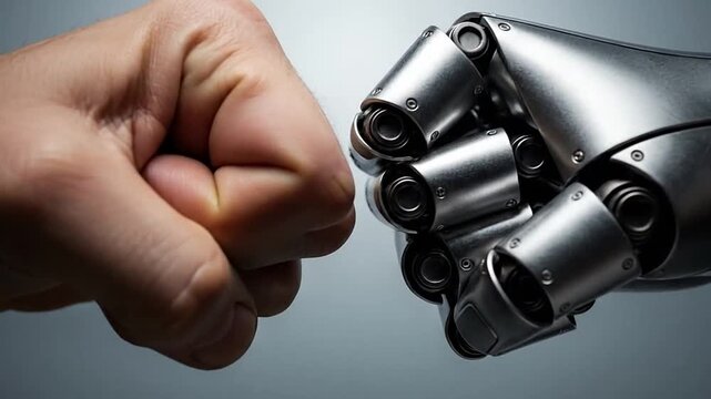 Human fist confronts robotic metal hand.