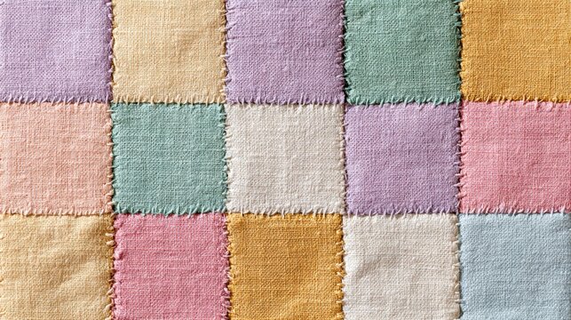 Handcrafted patchwork quilt with square fabric pieces in a minimalist pastel arrangement
