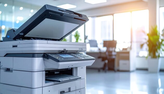 Modern Office Multifunction Printer Scanner Copier Machine in Bright Workspace.