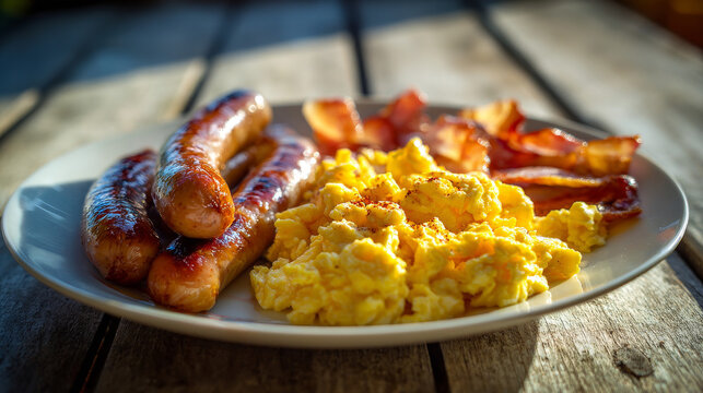 sausages on a plate with scrambled eggs and bacon , kitchen breakfast, morning sunlight.