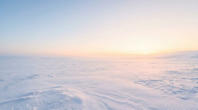 Winter snow field under a soft sunrise sky with pastel hues landscape gradient
