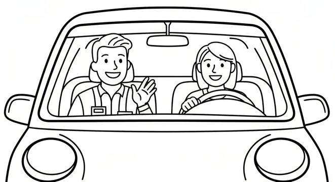 Joyful Rideshare Moments Hand-Drawn Doodle of Happy Passengers and Drivers in a Modern Car Trip