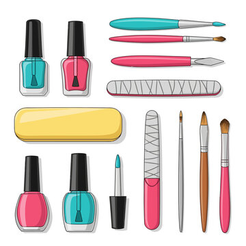 Manicure and nail art tool set featuring teal and pink nail polish bottles, various detail brushes, emery board files, and a yellow buffer block isolated on white background vector.