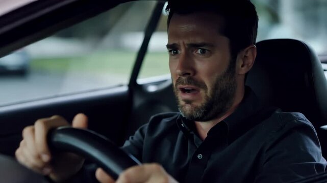 Nervous White Male Learner Gripping Steering Wheel During Suburban Practice, Tense Expression, Tight Hands On Wheel, Interior Dashboard And Street Visible Through Window