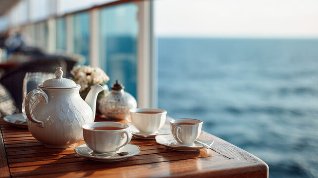 A realistic and atmosphere photo, no people, just clean white cups of tea and white teapot.