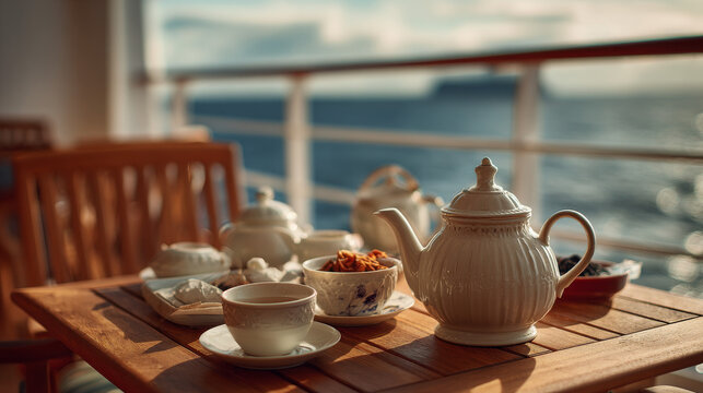 A realistic and atmosphere photo, no people, just clean white cups of tea and white teapot.