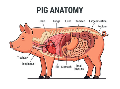 Detailed illustration of the internal anatomy of a pig, showcasing its organs and skeletal structure