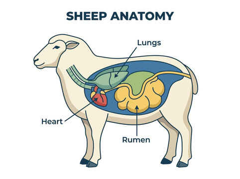 Detailed illustration of sheep anatomy highlighting the heart, lungs, and rumen within the animal's body, educational diagram