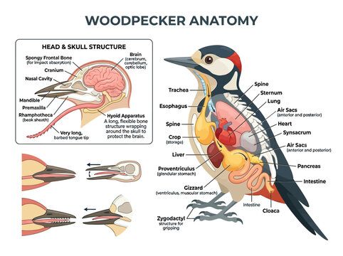 Anatomical illustration of a woodpecker, detailing its skeletal, muscular, and organ systems for educational purposes