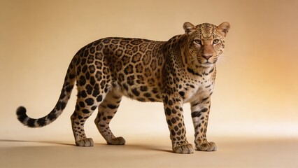 Fototapeta premium Majestic Leopard Standing Gracefully with Intense Gaze on Warm Neutral Background