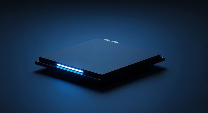 Sleek Processor Module Featuring Blue LED Light on a Pure Dark Tone, Futuristic Electronic Design