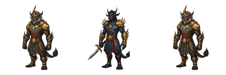 Fototapeta premium Fantasy RPG Warrior Character Art - Armored Minotaur Knight and Dragonkin Soldier Illustrations for Game Design, Digital Concept Art, and Mythical Creature Assets