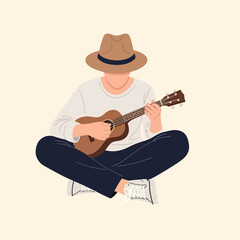 Obraz premium Minimalist flat vector illustration of a faceless person wearing a brown fedora and white shirt, sitting cross-legged while playing an acoustic ukulele on a neutral background.