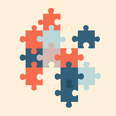 Fototapeta premium Minimalist vector illustration of interlocking and scattered jigsaw puzzle pieces in orange, light blue, dark blue, and cream colors, isolated on a plain off-white background.