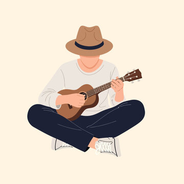 Minimalist flat vector illustration of a faceless person wearing a brown fedora and white shirt, sitting cross-legged while playing an acoustic ukulele on a neutral background.