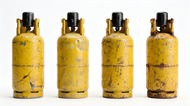 Four weathered and old yellow gas canisters lined up against white background, showing signs of wear and rust, emphasizing their age and industrial use for storing fuel.