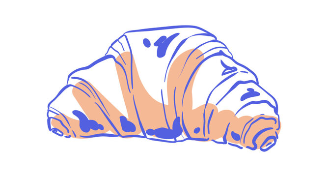 Cute whimsical croissant sketch with soft color. Hand drawn breakfast pastry icon as simple bakery food symbol and cozy brunch element. Playful cornetto doodle for cafe menu, morning card or
