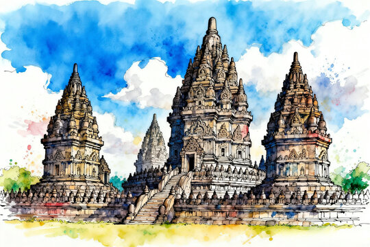 Ancient temple complex with three main towers rises against blue cloudy sky in travel destination