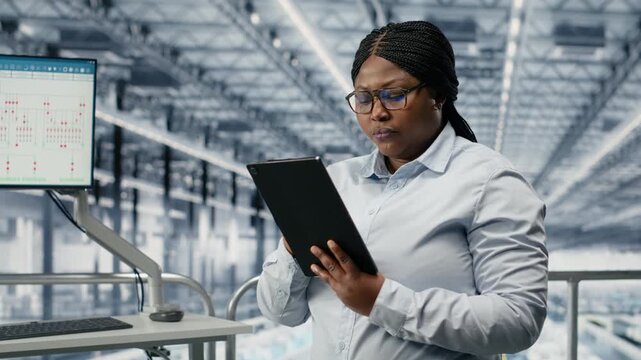 Portrait of smiling woman in microchip factory developing advanced electronics automation process. Happy African american female engineer using EDA software to optimize semiconductor design, camera B