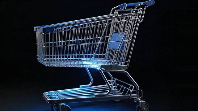 A shiny, empty shopping cart with a blue glow against a dark background, ready for use