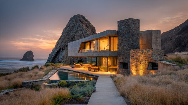 A photo of an ultra-modern, rectilinear architectural house. The building is constructed from massive.