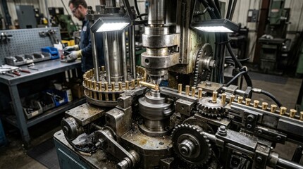 Fototapeta premium Medium shot of a rotary rimfire case spinning station shaping smallbore cartridge rims with precision machinery highlighting intricate metal forming processes.