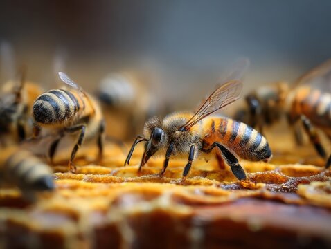 Bees collect nectar and work together on a honeycomb in a beehive during daytime