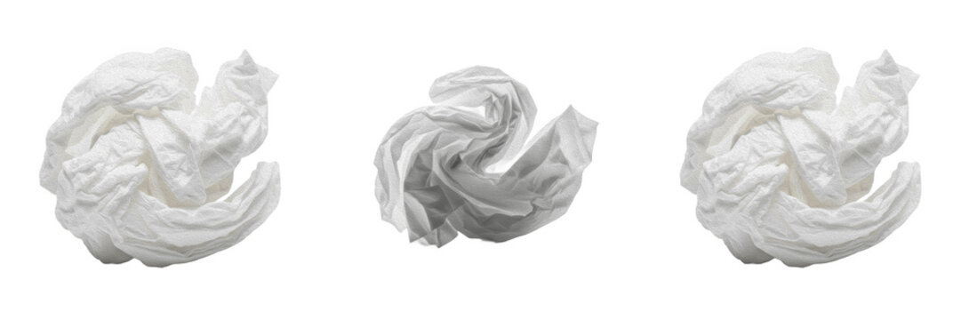Crumpled White Tissue Paper Assets - Three Realistic Used Paper Napkin Balls and Bunched Facial Tissues for Health, Waste, and Cleaning Industry Graphic Design Elements