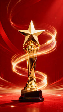 Golden star trophy on red background