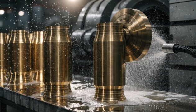 Medium shot capturing brass artillery casings being formed and smoothed emphasizing corrosion resistance and craftsmanship in manufacturing highquality munitions components.