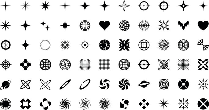 Collection of minimalist black geometric icons including stars hearts planets globes and futuristic y2k style abstract shapes vector illustration set