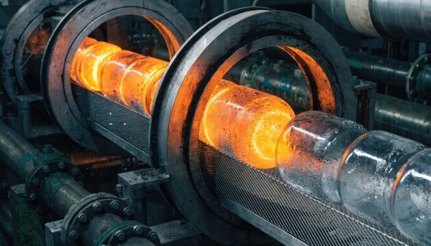 Medium angle view of an induction furnace conveyor system where case necks emit a bright orange glow during annealing capturing energy efficiency and precision.