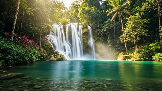 A beautiful waterfall cascades into a clear, turquoise pool surrounded by lush, green vegetation