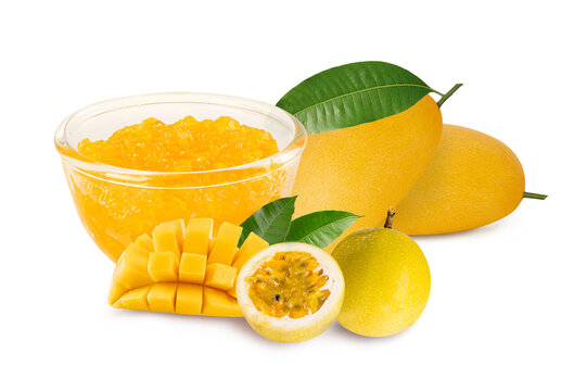 Fresh Mango and Passion Fruit with Mango Jam in Glass Bowl on White Background. healthy food and summer concepts.
