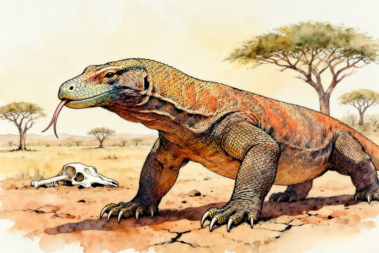 Large lizard creature walks on cracked earth with trees and dead animal in savannah landscape