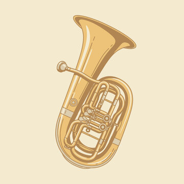 Golden tuba brass instrument illustration featuring detailed valves, mouthpiece, and a wide bell. Factual vector artwork of an orchestral wind instrument on a light neutral background.