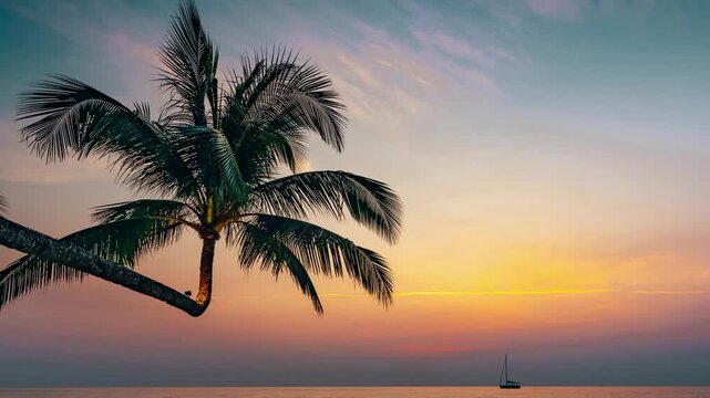 Ocean Sunrise, sunset view of Palm tree and tropical island beach, seamless loop footage. Never ending 4k video