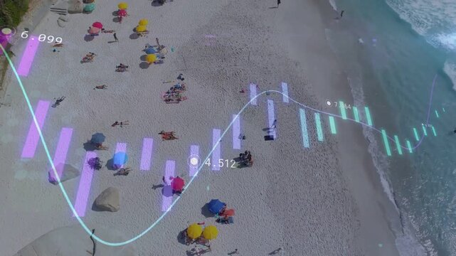 Crowd under umbrellas camera pan starting data overlay sweeping shore showing bars line analytics