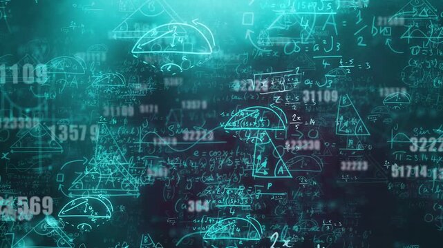 Cyan flare appearing left starting drift, math cluster revealing geometry and digits for education