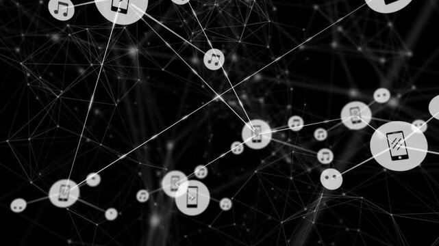 Phone node appearing on black mesh forming digital network nodes linking cam zooming music pairing