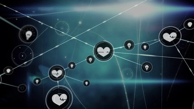 Central heart pulsing and sending connectors, spawning lightbulb nodes mapping health tech network