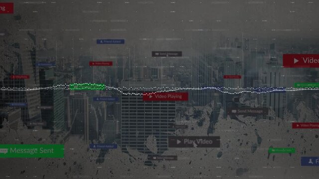 Messages arriving, dotted waveform pulsing and badges appearing over wet skyline showing activity