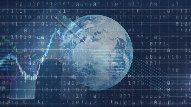 Receiving data feed, Earth globe rotating over dark grid, binary digits rising, left charts forming