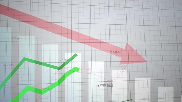Live feed starting finance chart animating green dark lines over grid for review against red arrow
