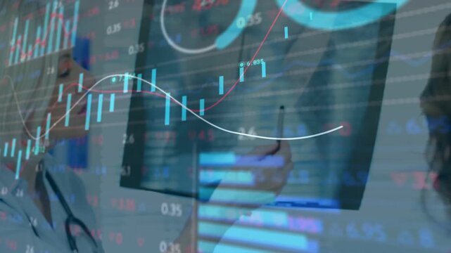 Doctor entering with monitor, pointing and explaining medical results, candlestick chart over faces