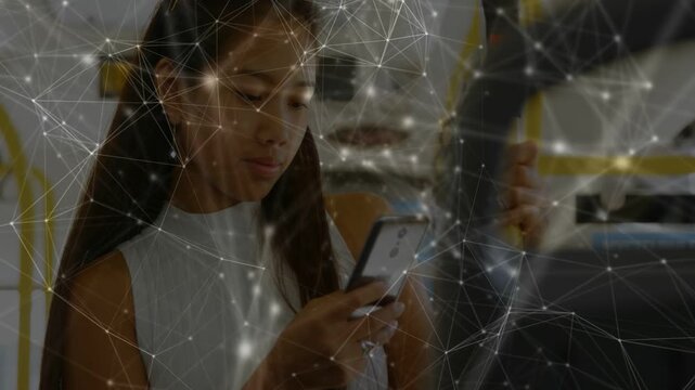 Woman tapping smartphone checking messages on bus near pole, animated tech overlay passive across