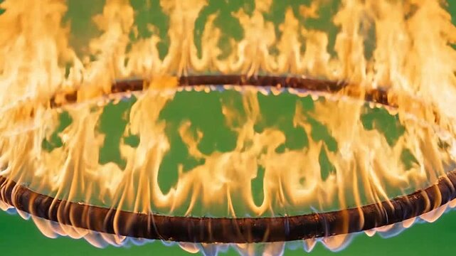 A burning circular object with flames against a green background, a fiery spectacle